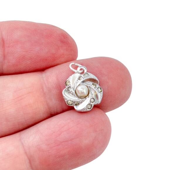 Estate Pearl And Cubic Zirconia Sterling Silver 925 Slide Pendant - Picture 1 of 8